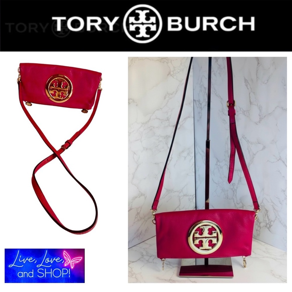 TORY BURCH Amanda Foldover Clutch Crossbody w/Pink Leather w/Golden Accents, EUC